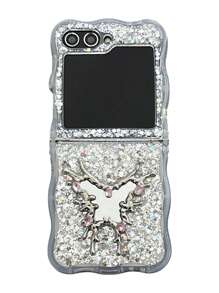Funda de teléfono plegable con espejo de maquillaje con mariposa de cristal, brillante, con lentejuelas y borde de ola con protección contra golpes, compatible con Samsung Galaxy Z Flip 6, Z Flip 5, Z Flip 4, Z Flip 3, estilo coreano Y2K