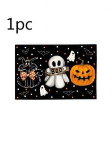 1 件/2 件/4 件/600 件 11.8 英寸 X 17.3 英寸万圣节鬼魂黑猫南瓜图案涤纶餐垫 - 黑色背景搭配“BOO！”鬼魂、蝙蝠、南瓜灯笼和黑猫，带蝴蝶结圆点装饰，适合万圣节派对、家庭餐桌 - 彩色 - 查看 14
