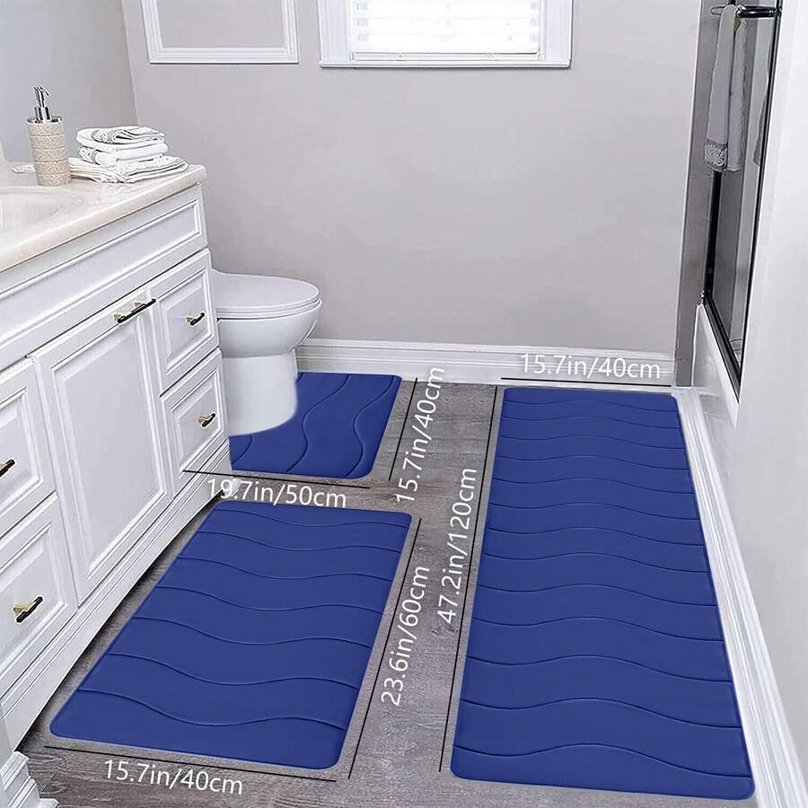 3-Piece Wave Pattern Non-Slip Bathroom Rug Set - Absorbent Microfiber Tub Mat (47"X16"), Vanity Mat (24"X16"), U-Shaped Toilet Mat (20"X16") - Quick Dry, Machine Washable, Wave Pattern For Shower, Sink, Bathroom Floor Safety, Gift - 藍色 - 查看 1