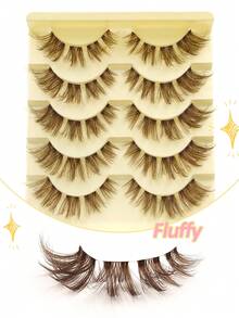 Rikuaild 5 Pairs Cartoon Style False Eyelashes, Brown, Anime Style, Natural Fluffy Soft Brown Lash Extension, Transparent Band Tail, Cat Eye Shape, Reusable, DIY Natural Lashes - Cat eye Lashes - View 2