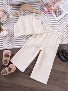 Set de 2 piezas de top de tirantes de unicolor y pantalones de pierna ancha para niñas, verano