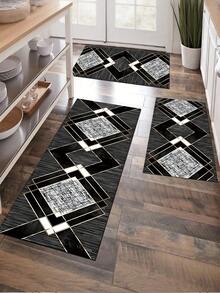 1pc Abstract Geometric Design Absorbent Non-Slip Kitchen Mat, Modern Minimalist Waterproof Quick-Dry Kitchen Carpet, Party Decor Indoor Entrance Doormat, Soft Thick Kitchen Floor Mat, Non-Slip Kitchen Decorative Rug, Easy To Clean Entryway Welcome Mat - Black and White - View 1