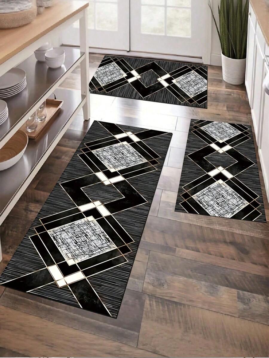 1pc Abstract Geometric Design Absorbent Non-Slip Kitchen Mat, Modern Minimalist Waterproof Quick-Dry Kitchen Carpet, Party Decor Indoor Entrance Doormat, Soft Thick Kitchen Floor Mat, Non-Slip Kitchen Decorative Rug, Easy To Clean Entryway Welcome Mat - Black and White - View 1