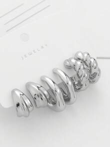 3 对女士厚实银质耳环纹理扭曲开口环状耳环套装 - 銀色 - 查看 1