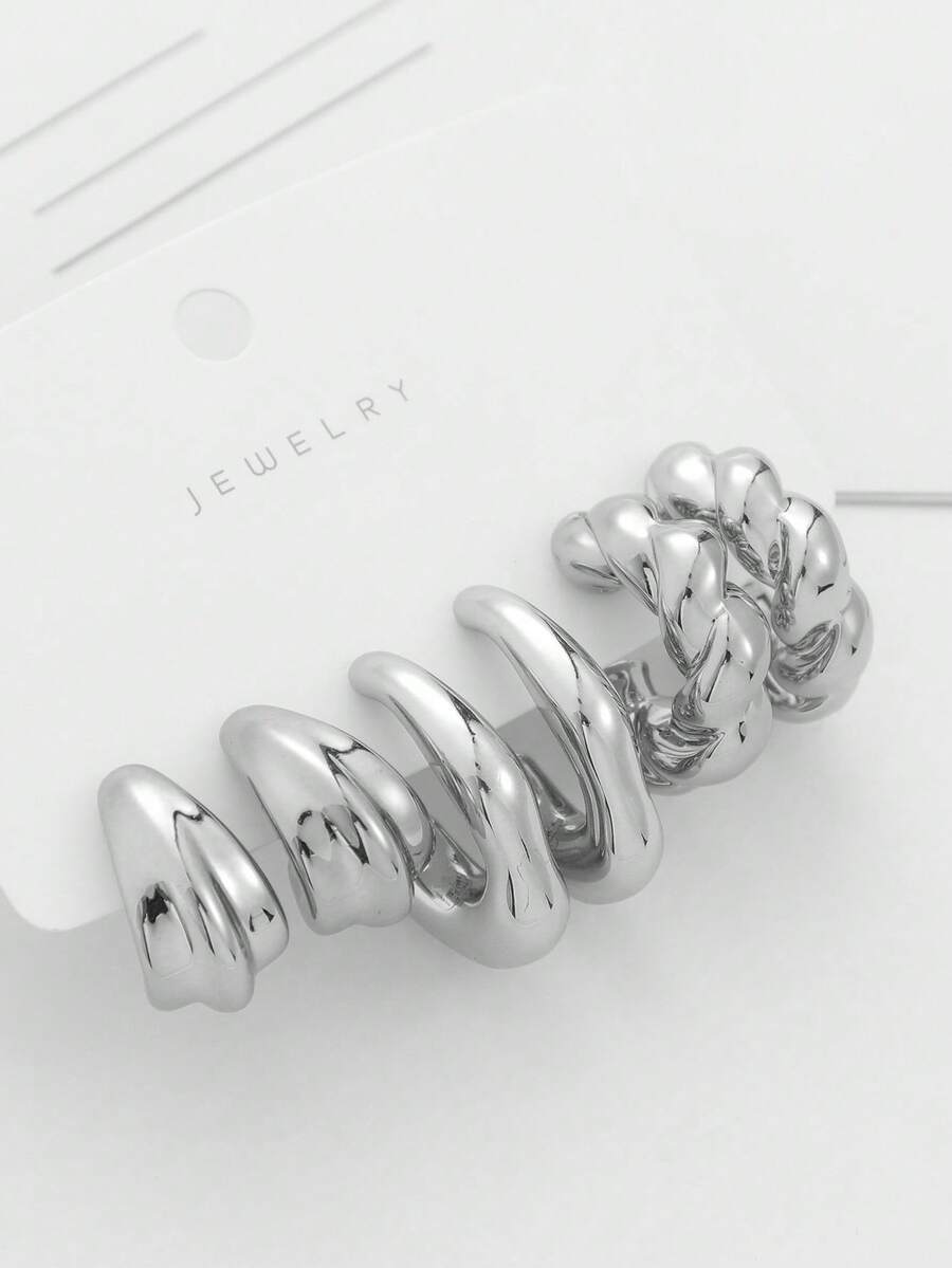 3 对女士厚实银质耳环纹理扭曲开口环状耳环套装 - 銀色 - 查看 1