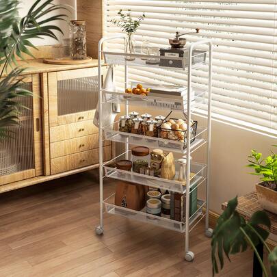 HOMCOM 5 Tier Utility Rolling Cart, Metal Storage Cart, Kitchen Cart With Removable Mesh Baskets, For Living Room, Laundry, Garage And Bathroom, White