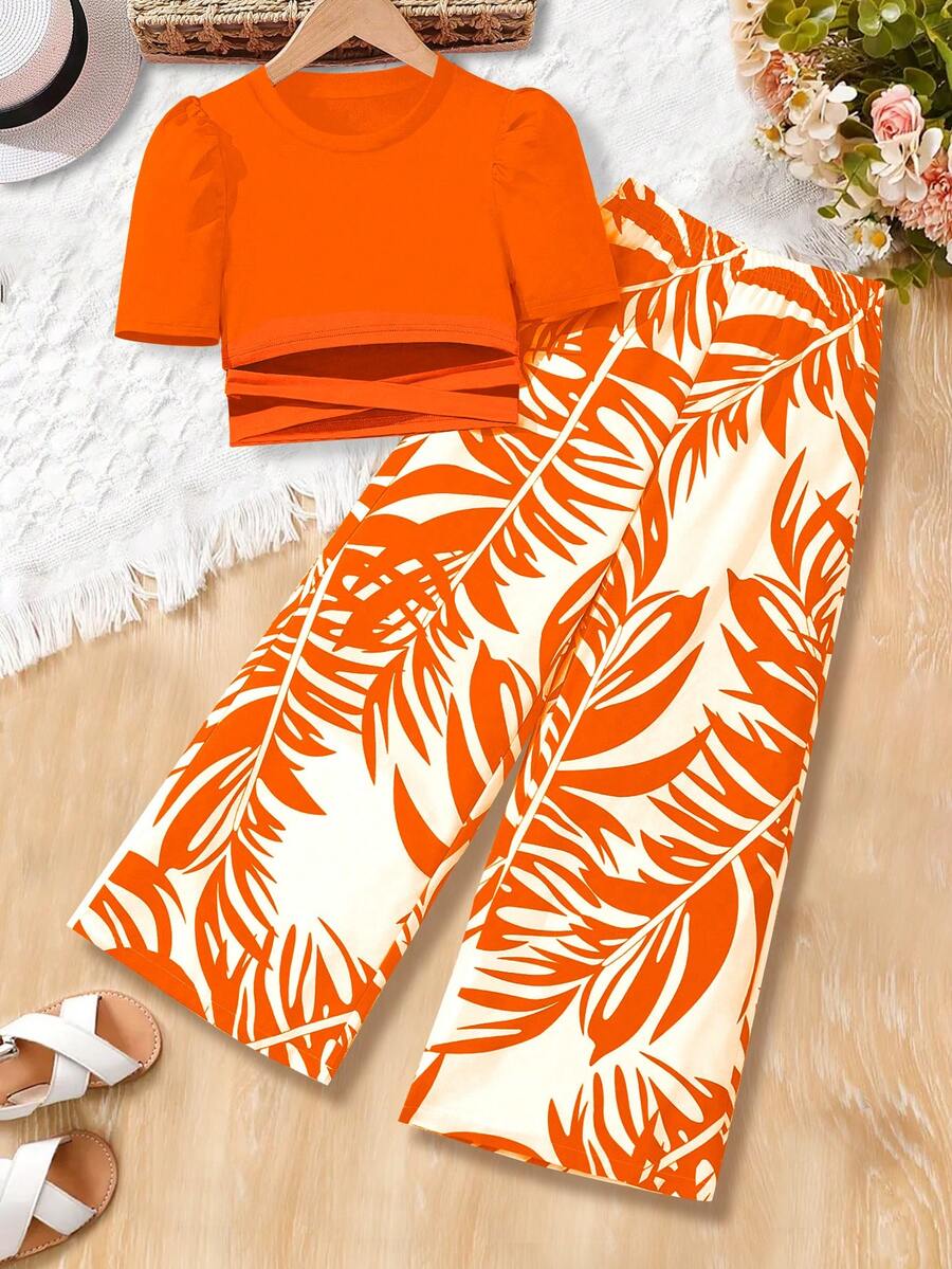 女童夏季两件套,荷叶边袖上衣和印花喇叭裤,时尚假日风 - 橘色 - 查看 1