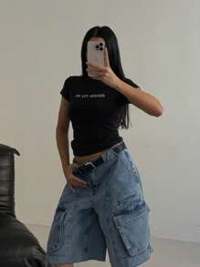 黑色时尚“删除我的前任”标语舒适休闲性感女孩修身T恤 - 黑色 - 查看 1