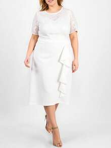 Vestido plus size tallas extras dama mujer boda civil bautizo quince años fiesta festejo cumpleaños encaje drapeado dia noche elegante formal cocktail calidad moderno clasico atemporal graduacion aniversario - Hueso - Ver 1