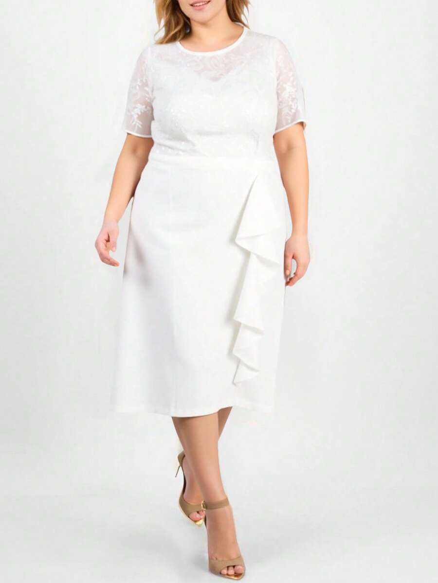 Vestido plus size tallas extras dama mujer boda civil bautizo quince años fiesta festejo cumpleaños encaje drapeado dia noche elegante formal cocktail calidad moderno clasico atemporal graduacion aniversario - Hueso - Ver 1