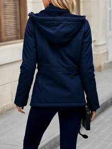 Chamarra Cazadora Larga Para Mujer Con Forro De Peluche - Azul Marino - Ver 2