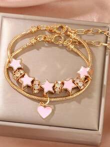 1 件青少年珠宝可调节简约时尚锌合金粉色花朵系列爱心空心花朵 DIY 串珠手链 - 彩色 - 查看 5