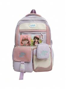 1 新款尼龙材质可爱卡通图案字母刺绣撞色大容量背包，小钱包挂件，多个口袋，可单肩背，时尚有型，日常上学户外旅行百搭款