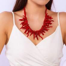 PHCOO 2pcs Bohemian Style Red Coral Asymmetrical Geometric Beaded Necklace Set, Multi-Layer Resin Coral Necklace, Handmade Coral Beaded Choker Necklace For Women, Summer - Multicolor - View 5