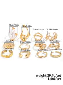 12 piezas Anillos de moda con perlas falsas de geometría suave y de gran tamaño, inspirados en el estilo vintage con tono dorado clásico para mujeres