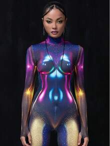 LADYINGBAY Halloween Costumes And Christmas Performance Outfits Women's Galaxy Bodysuit - Futuristic Holographic Full-Body Suit With Shimmering Nebula Print & Anatomical Light Reflections, High-Stretch Comfort For Rave, Festival, Cosplay & Halloween Party Outfit, Edm Fashion, Smooth Texture Fabric Christmas Clothing, Christmas Gifts - 彩色 - 查看 4