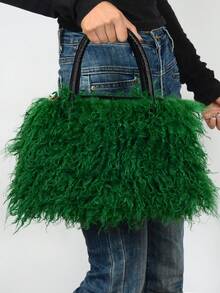 Furry Shoulder Bag For Women Fuzzy Faux Fur Large Tote Handbag Cute Soft Fluffy Purse Tote Bag For Women, Lightweight Puffy Tote Bag With Compartments Quilted Shoulder Bag  Furry Purse Fluffy Tote Bags For Women Winter Faux Fur Bag Fuzzy Purses And Handbags - 綠色 - 查看 4