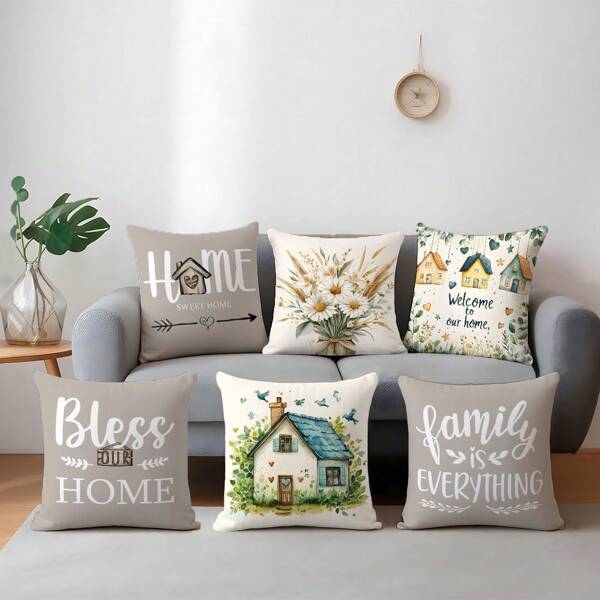 6pcs Watercolor Gray "Sweet Home" Decorative Throw Pillow Case Set, Single-Sided Printed, Soft Peach Velvet Fabric, 45 X 45cm Cushion Cover, For Indoor Sofa Decor, Party Decor, Gift