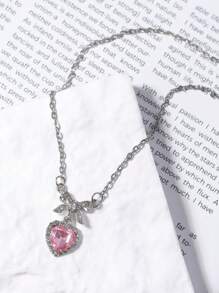 1pc Pink Zirconia Heart & Bow Tie Pendant Necklace, Sweet & Chic Clavicle Chain For Women