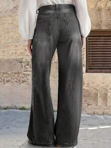 Street Style Washed Solid Color New Mid-Waist Thin Loose Hundred Straight Jeans - 深灰色 - 查看 2