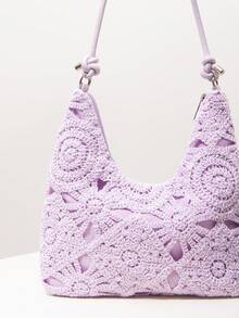 花卉镂空钩针编织单肩包、沙滩包、度假包、钩针套装、女士优雅包包、度假必备品、旅行必备品（图案随机） - 紫色 - 查看 4