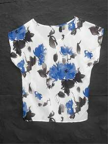 女式花卉印花休闲度假圆领衬衫 - 藍色 - 查看 2