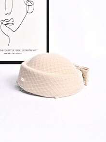 1 件女士纯色休闲波西米亚复古宫廷风格派对优雅帽子春夏韩版空姐英伦风蝴蝶结网眼蕾丝羊毛毡适合日常外出和活动 - MM1413 - 查看 12