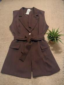 Steve Store Women's Fashion Long Tailored Blazer Vest With Formal Belt - màu nâu - Xem 3