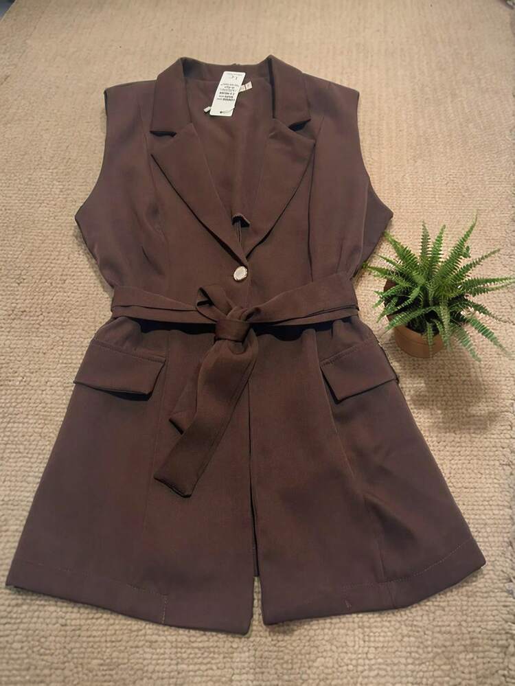 Steve Store Women's Fashion Long Tailored Blazer Vest With Formal Belt - màu nâu - Xem 3