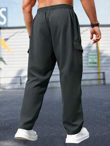 Men's Spring & Autumn Hiking Pants With Zipper Pockets & Drawstring, Straight Leg Casual Running Trousers With Striking Neon Highlight - Grey - View 4