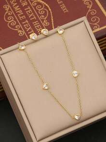 1 Set Fashionable Minimalist Niche Rhinestone Transparent Heart Pendant Necklace & Earrings Stainless Steel Gold-Plated Jewelry Set - Necklace + Earrings - View 1
