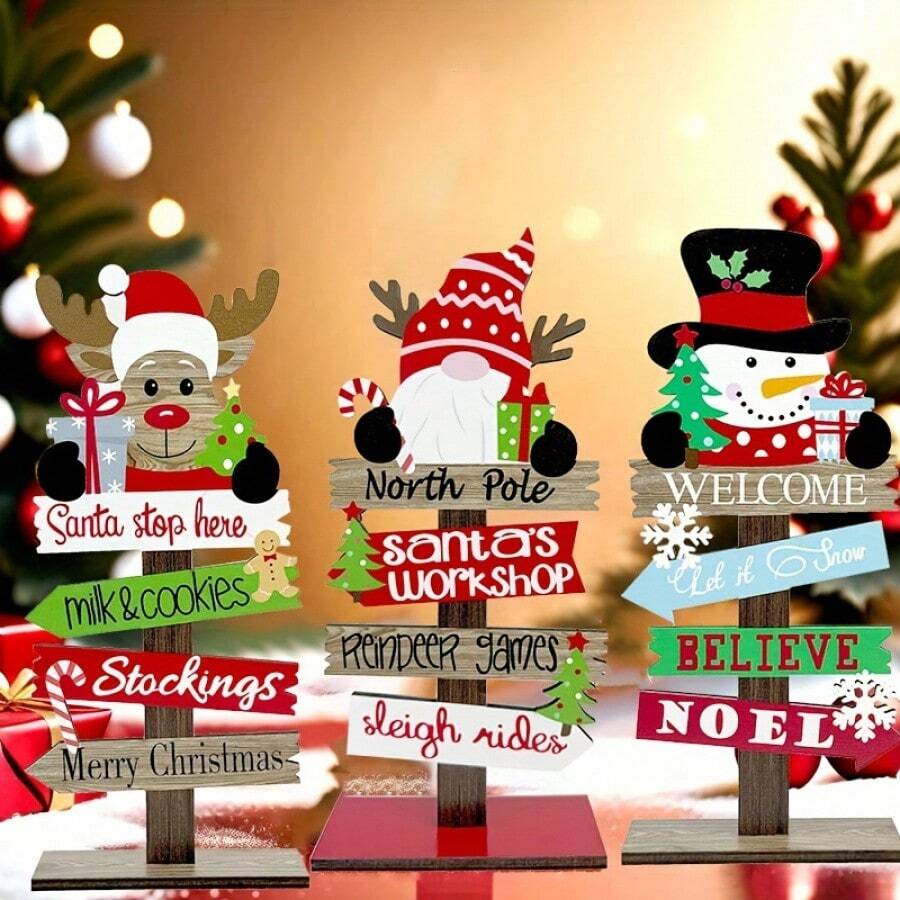 3件套木制圣诞装饰品 | 圣诞老人、雪人、驯鹿，色彩缤纷的艺术设计 | 传递节日祝福 | 无需电池，无需羽毛，桌面摆件，节日装饰，圣诞家居礼物，圣诞装饰品 - 彩色 - 查看 1