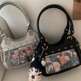 日系元素PU皮复古时尚Y2K明星潮流酷炫透明徽章Ltabag大容量学院风哥特风逛街通勤手提单肩斜挎包