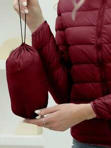 ZIAI Women Long Sleeve Hooded Down Coat Regular Length Warm Filled Jacket With Pockets And Zipper - Burgundy - View 8