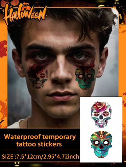 1Pc Halloween Tattoo Fake Tattoo Temporary Tattoo Skull Cartoon Colorful Waterproof Sweatproof Disposable For Women And Mem Face, Arm, Waist, Chest, Leg, Abdomen, Neck, Hand, Finger, Back For Dancing Party Stage Performance Modernist Body Art