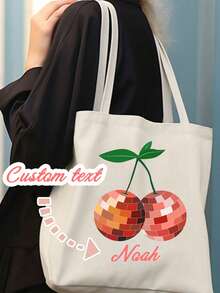 Personalized Cherry And Custom Name Pattern Printed Canvas Shoulder Bag, Large Tote Bag, Personalized Easter Tote Bag, Personalized Custom Name Tote Bag, Children'S Easter Basket, Easter Basket Gift, Custom Children'S Easter Name Basket, Easter Egg Hunt Bag, Personalized Letter Printed Storage Bag - Multicolor - View 1