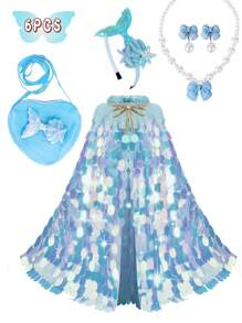 6Large Sequin Cape, Fish Tail Hair Accessory, Fish Tail Bag, Heart Bag, Faux Pearl Necklace, Bowknot Pendant, Mermaid Suit, Very Suitable Sending A Princess Gift Set To A Good Friend, Very Suitable For Dressing Up, Vacation, Daily Collocation, Easter, Halloween, Birthday Party, Christmas Gift, Party, Thanksgiving, Dress.