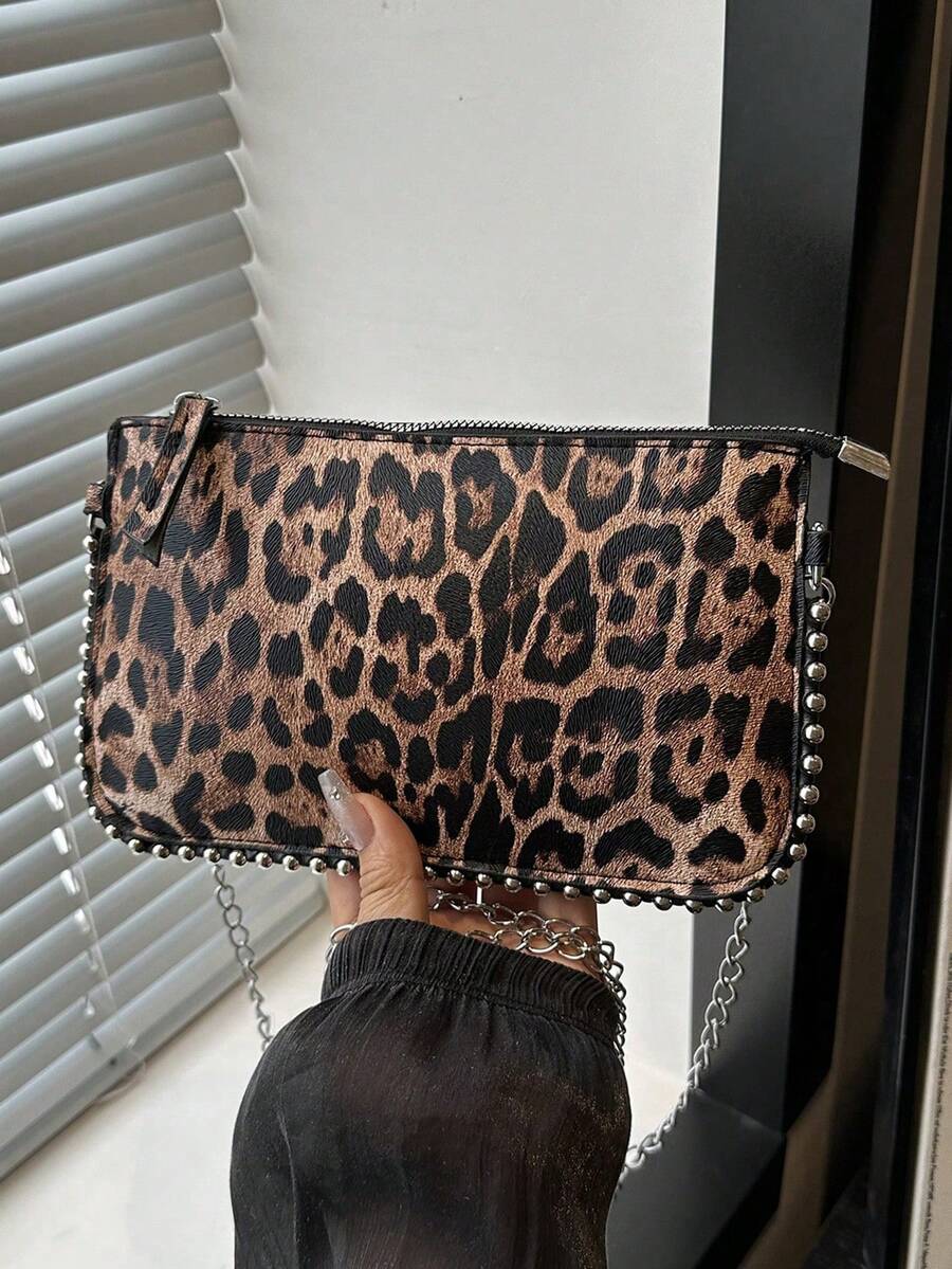 时尚豹纹印花女士斜挎包，带串珠装饰，单肩手提包，豹纹印花猎豹女包，豹纹回归，动物印花女包，秋冬时尚猎豹印花女士钱包，新款秋冬虎纹女包