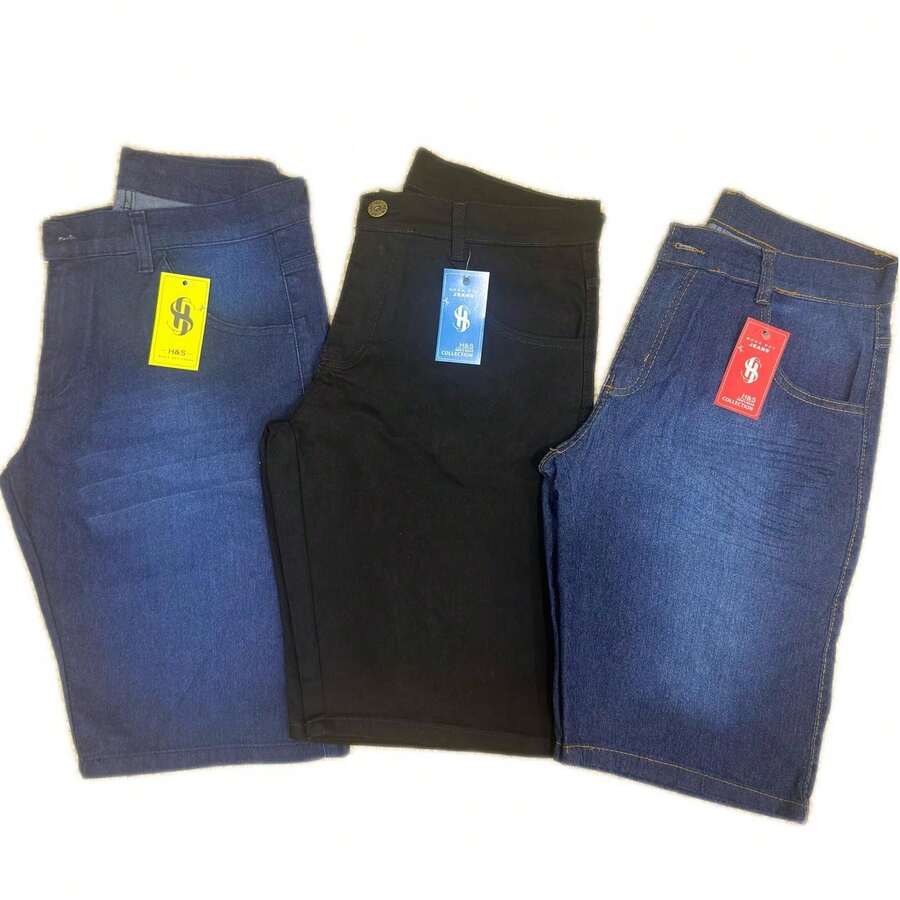 Kit 3 Men's Bermuda Jeans Mustache Dark Black Premium Various Washes With Elastane - 深色水洗藍 - 查看 1