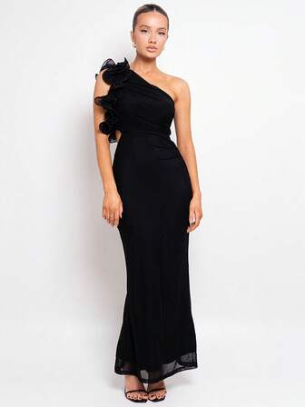 Summer Elegant One Shoulder Black Maxi Long Dress For Women Ruffle Embellished Dress Wedding Evening Cocktail Party Dress Sexy