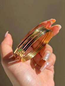 1 件简约不锈钢多层 18K 镀金手镯，适合女性日常佩戴，复古多层珠宝，防水防褪色女士圆形手链 - 金色 - 查看 3