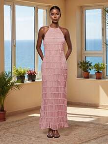Women's Ruched Bodycon Long Dress Sleeveless Backless Solid Color Dress Cocktail Party Dress - Pink - View 3