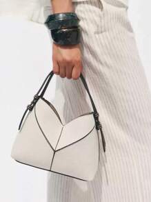 Women Two-Tone Design Mini Canvas Tote Bag, Fashion Shoulder Hand Bucket Bag - White - View 5