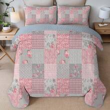 Juego de edredón de 2/3 piezas con estampado floral de patchwork cuadrado rosa (1 edredón + 1/2 fundas de almohada), 100 % microfibra, juego de colcha con estampado de rayas pequeñas y patrón combinado de varios elementos, antideslizante y lavable a máquina, juego de edredón de verano, decoración de habitación - flores rosas - Ver 5