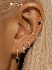 5件套耳环套装女镀金耳夹黑锆石耳钉耳环圈形耳环吊坠耳环女时尚珠宝配饰 - 5Pcs/set(1 side ear) - 查看 5