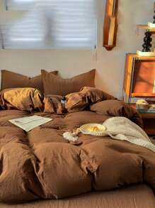 3pcs Solid Color Washed 100% Cotton Soft Bedding Set - Brown - View 8