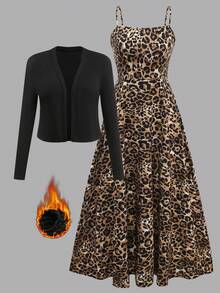 Đầm xòe không tay họa tiết da báo thanh lịch cỡ lớn cho nữ kèm áo khoác lông - Nhiều màu - Xem 2