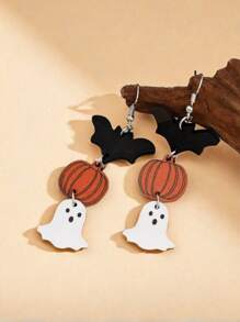 1 Pair Gothic Style Wooden Halloween Earrings, Ghost Pumpkin Bat Pendant Earrings For Women, Funny Festival Costume Jewelry, Suitable As Gift For Friends And Dates