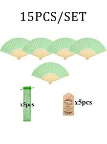 3/15/30pcs/Set, Green Wooden Folding Fan With Gift Bag Thank You Card Set, Thank You Card, Perfect Wedding Gift, Bridesmaid Folding Fan, Wedding Decorations For Weddings, Birthdays, Parties And Events, Women'S Folding Fan