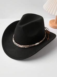 1顶男女通用复古西部牛仔帽，带牛角图案，适合休闲穿着和西部牛仔派对。